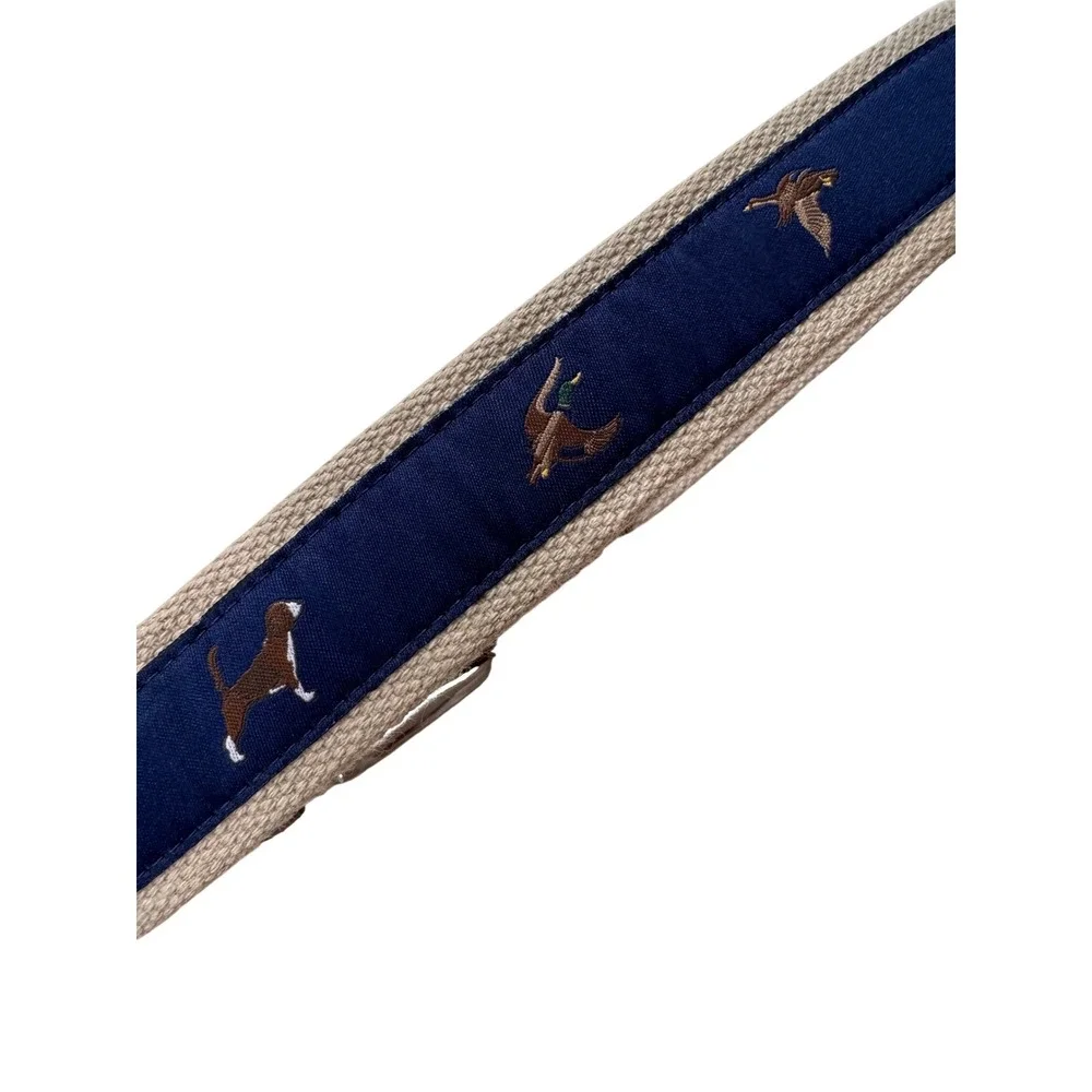 KMM Mens Ribbon Belt Navy Blue Canvas Hunting Dog Mallard Duck Embroidery 36/90